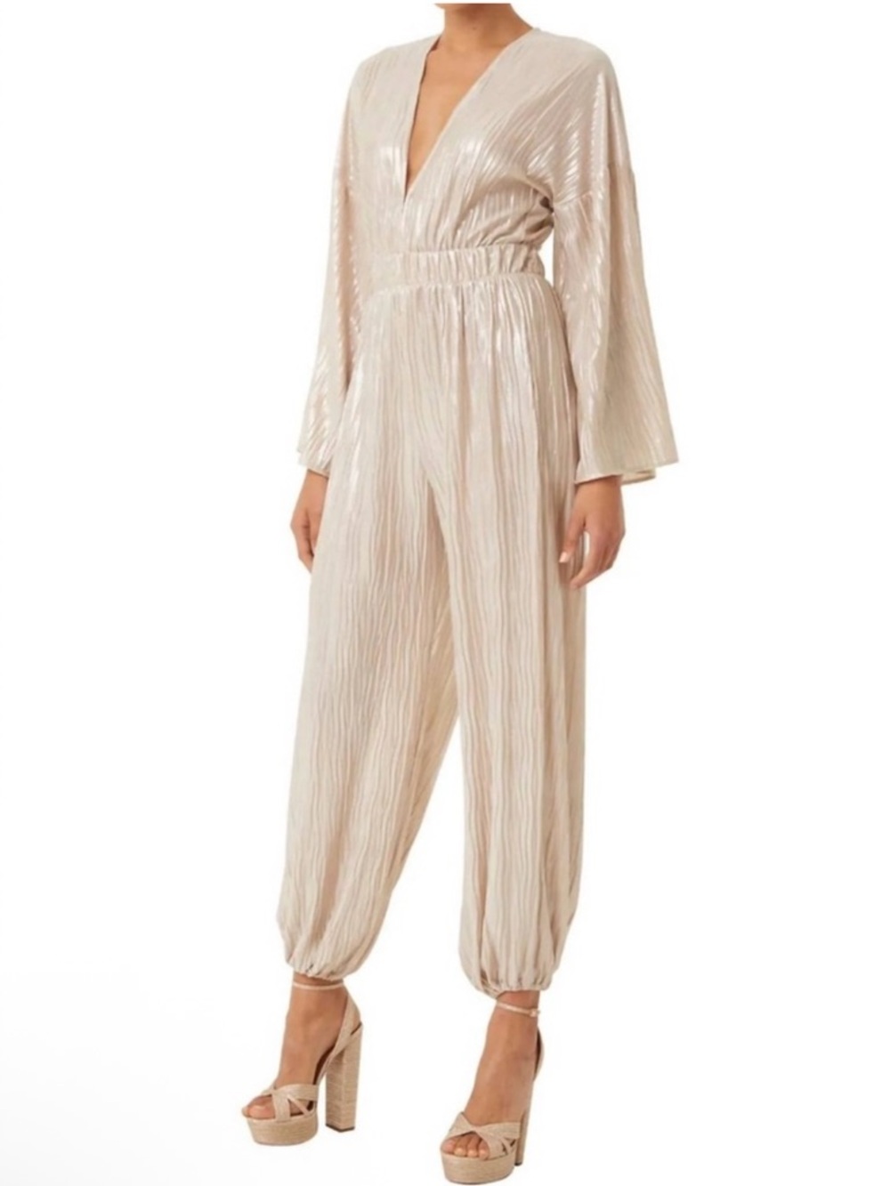 Misa Los Angeles Amina Metallic Gold Cream Plissé V-Neck Jumpsuit NWT $379